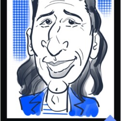 A digital caricature of a person with long hair, wearing a blazer, shown against a blue dotted background.