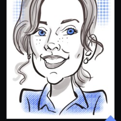A black and white caricature of a smiling woman with blue eyes, curly hair, and freckles, wearing a collared shirt.