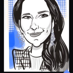 Black and white caricature of a woman with long hair, wearing a plaid jacket; Summits '25 logo at the bottom.