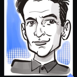 Black and white caricature of a man with short hair, collared shirt, set against a blue and dotted background.