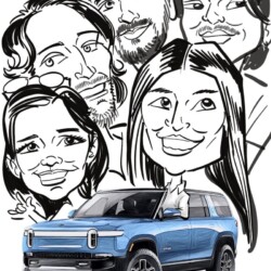 Caricature portraits of five people above a blue Rivian SUV, with event and company logos and a download link at the bottom.