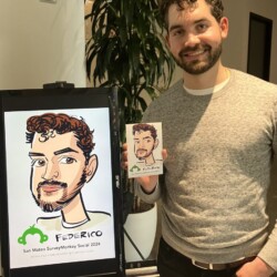 A man stands indoors holding a caricature of himself, with the same caricature displayed on a nearby monitor labeled "Federico.